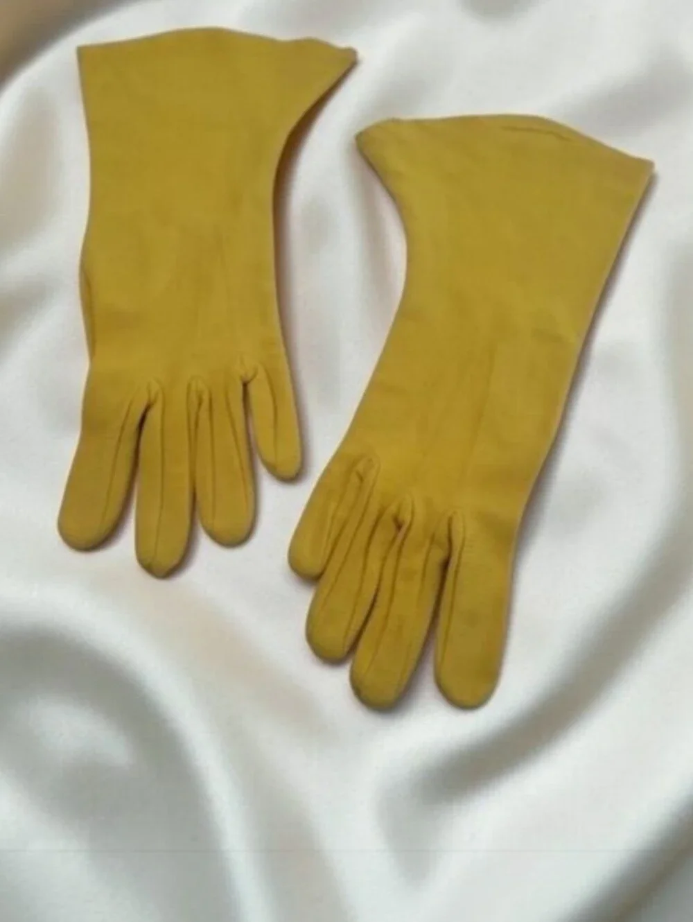Vintage 60s Harvest Gold Silky Nylon Bracelet Length Day Gloves Size 7